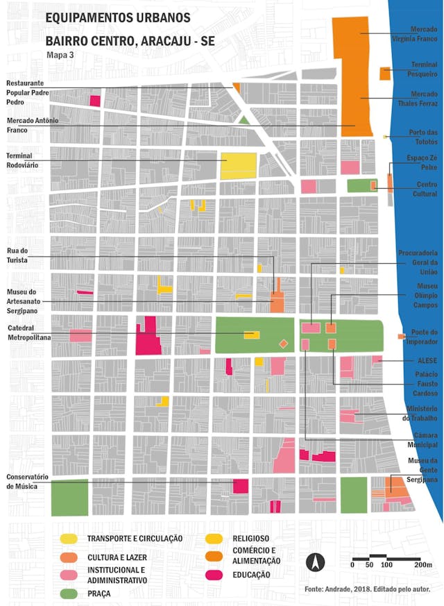 Mapa de equipamentos urbanos do bairro Centro. 